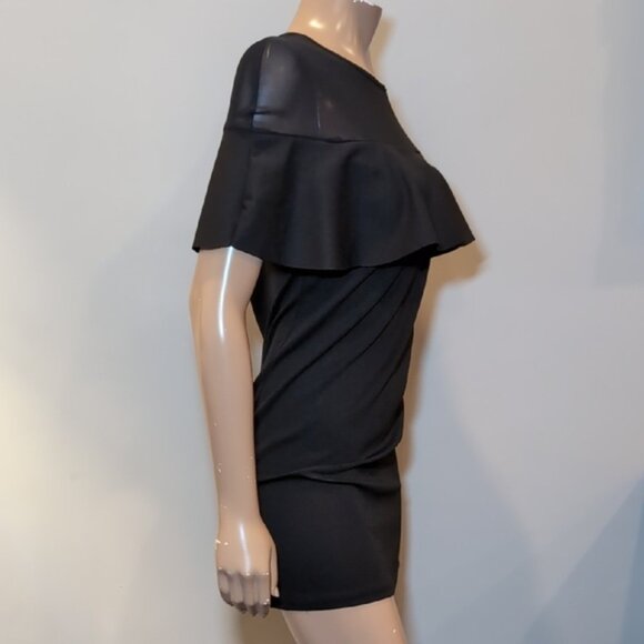 Black Flutter Sleeve Mini Dress Sheer Illusion Flounce Bodycon LBD Cocktail - Picture 7 of 7